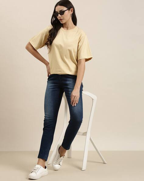 Women Cotton Pastel Beige Oversized T-shirt