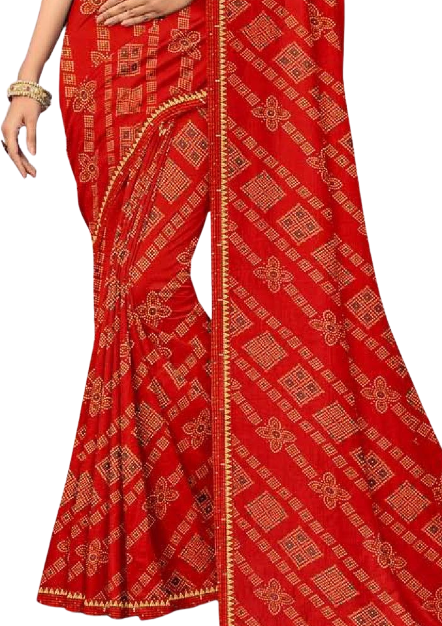 Women Bandhani Red Saree With Lace Border