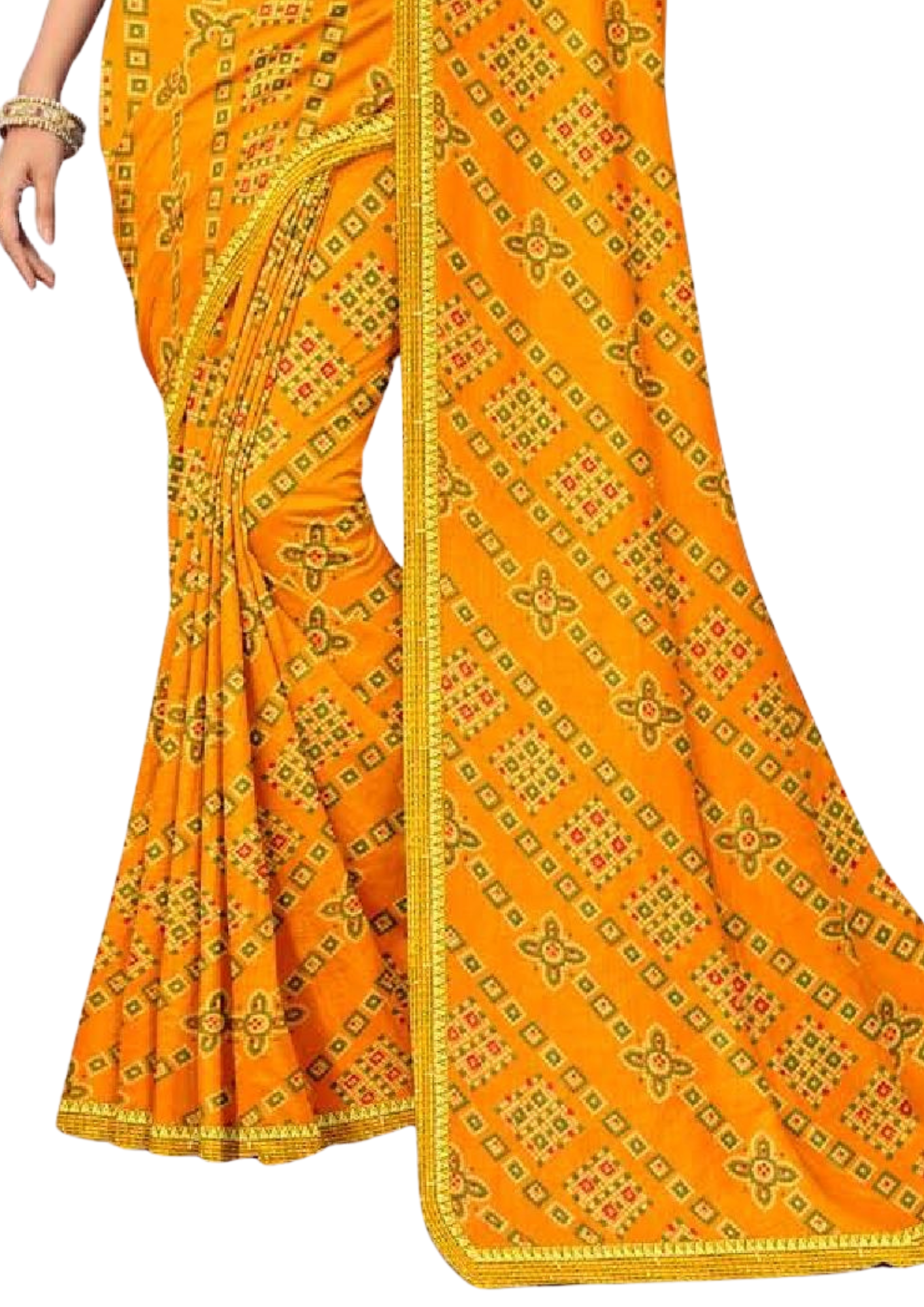 Women Bandhani Yellow Saree With Lace Border