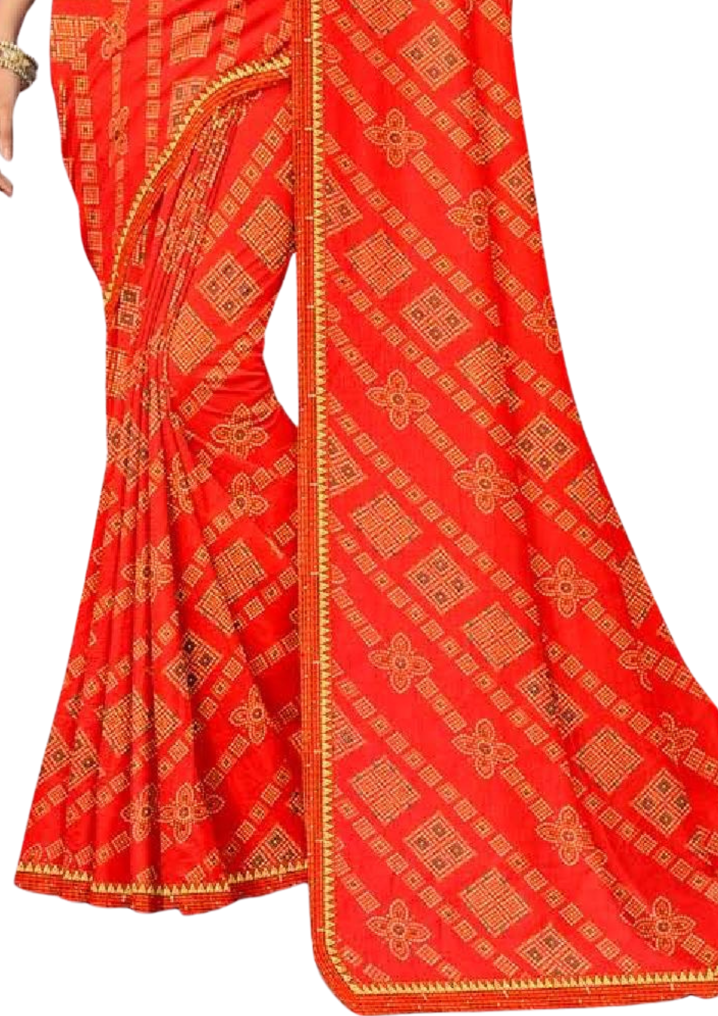 Women Bandhani Orange Saree With Lace Border