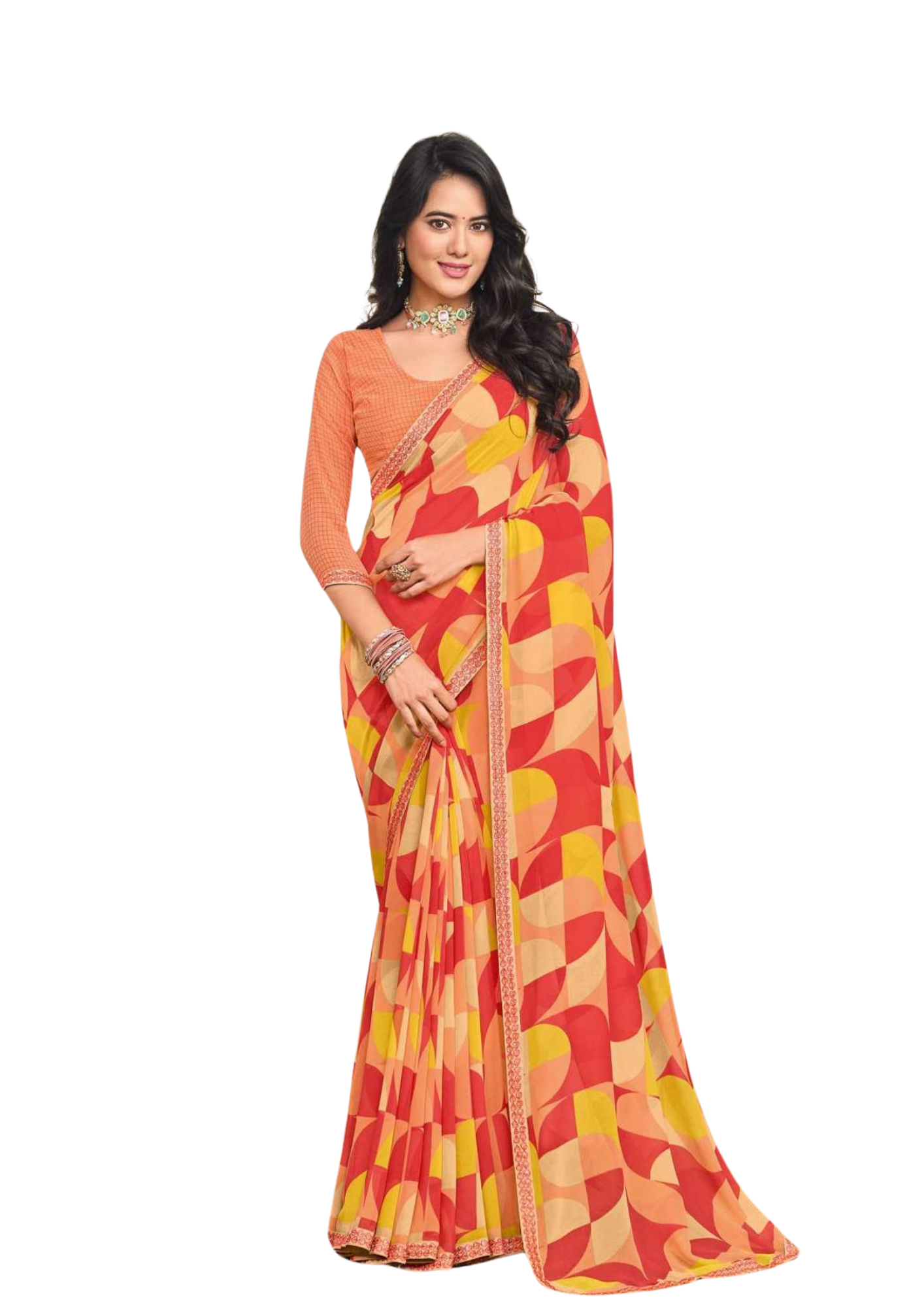 Latest Pure Georgette Orange Saree With Blouse Piece