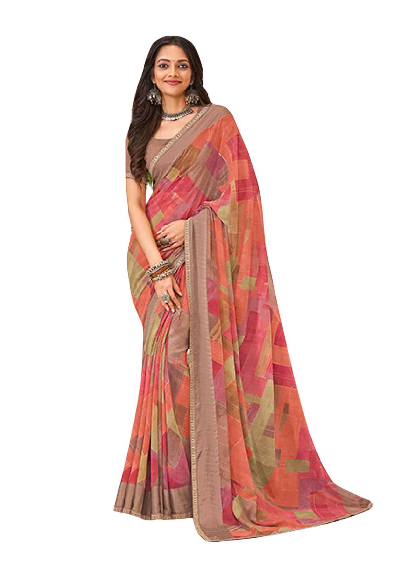 Latest Pure Georgette Brown Saree With Blouse Piece