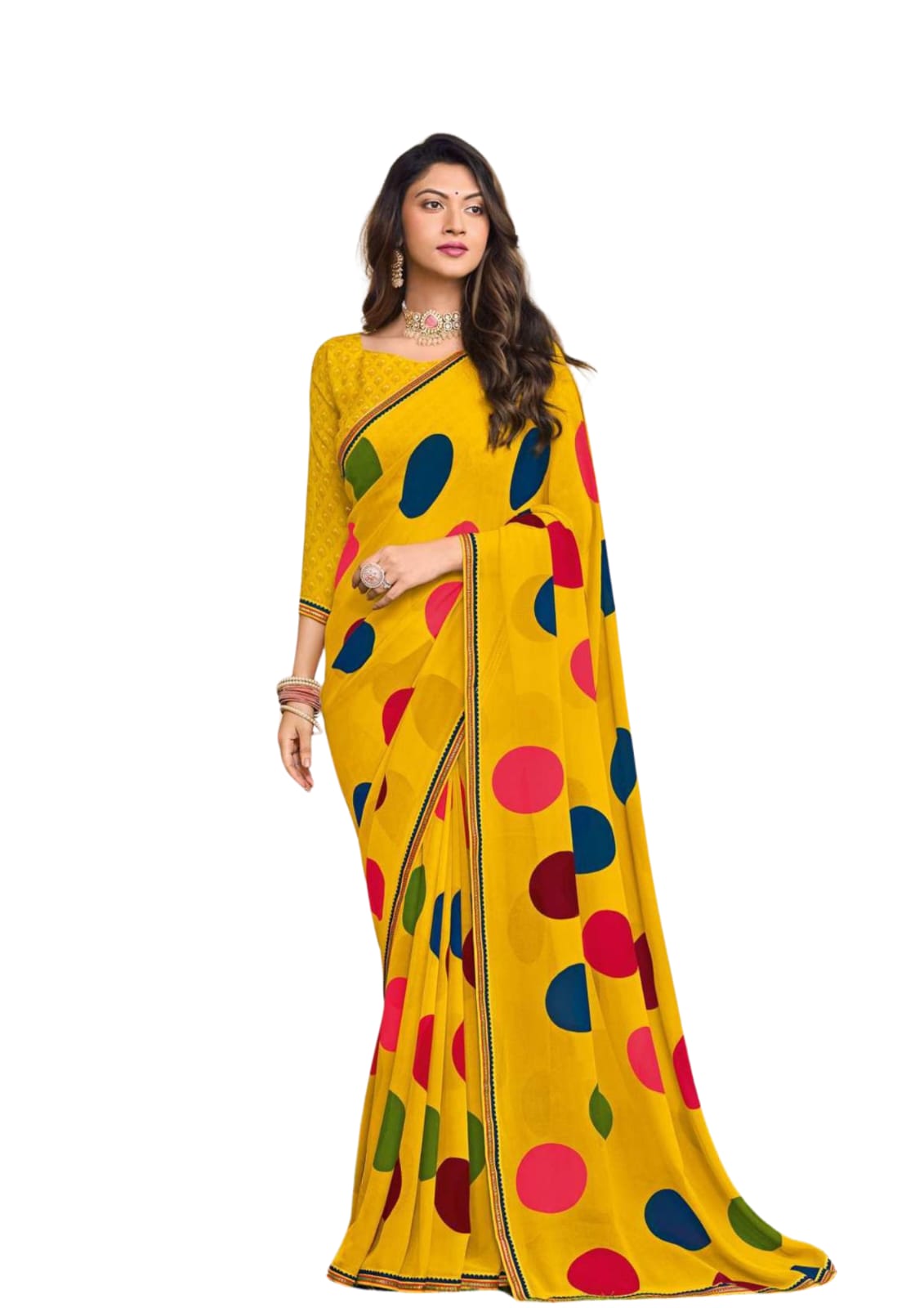 New Printed Polka Dot Saree With Blouse Piece