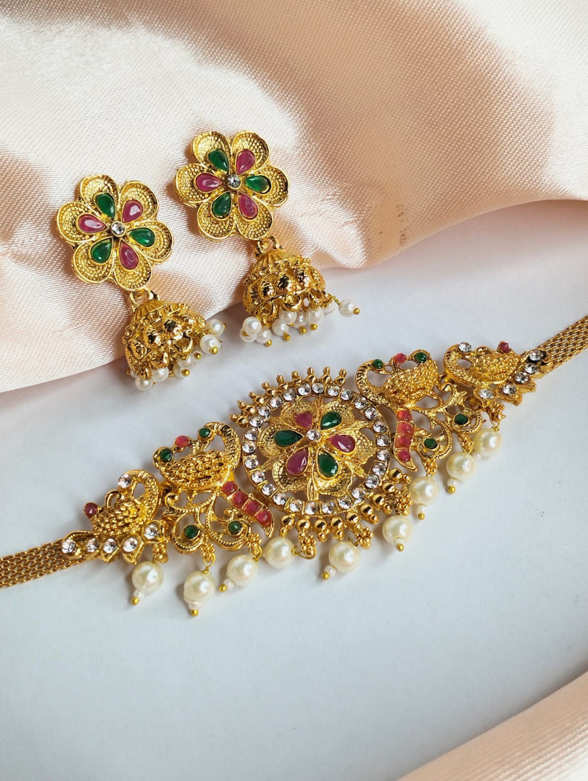 Trending golden choker necklace with jhumka Earring set