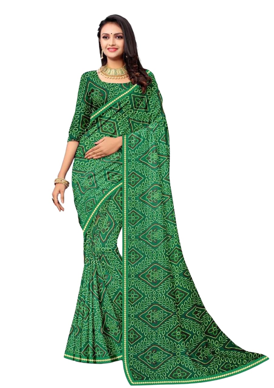 Women Forest Green Soft Printed Bandhani Saree With Blouse Piece