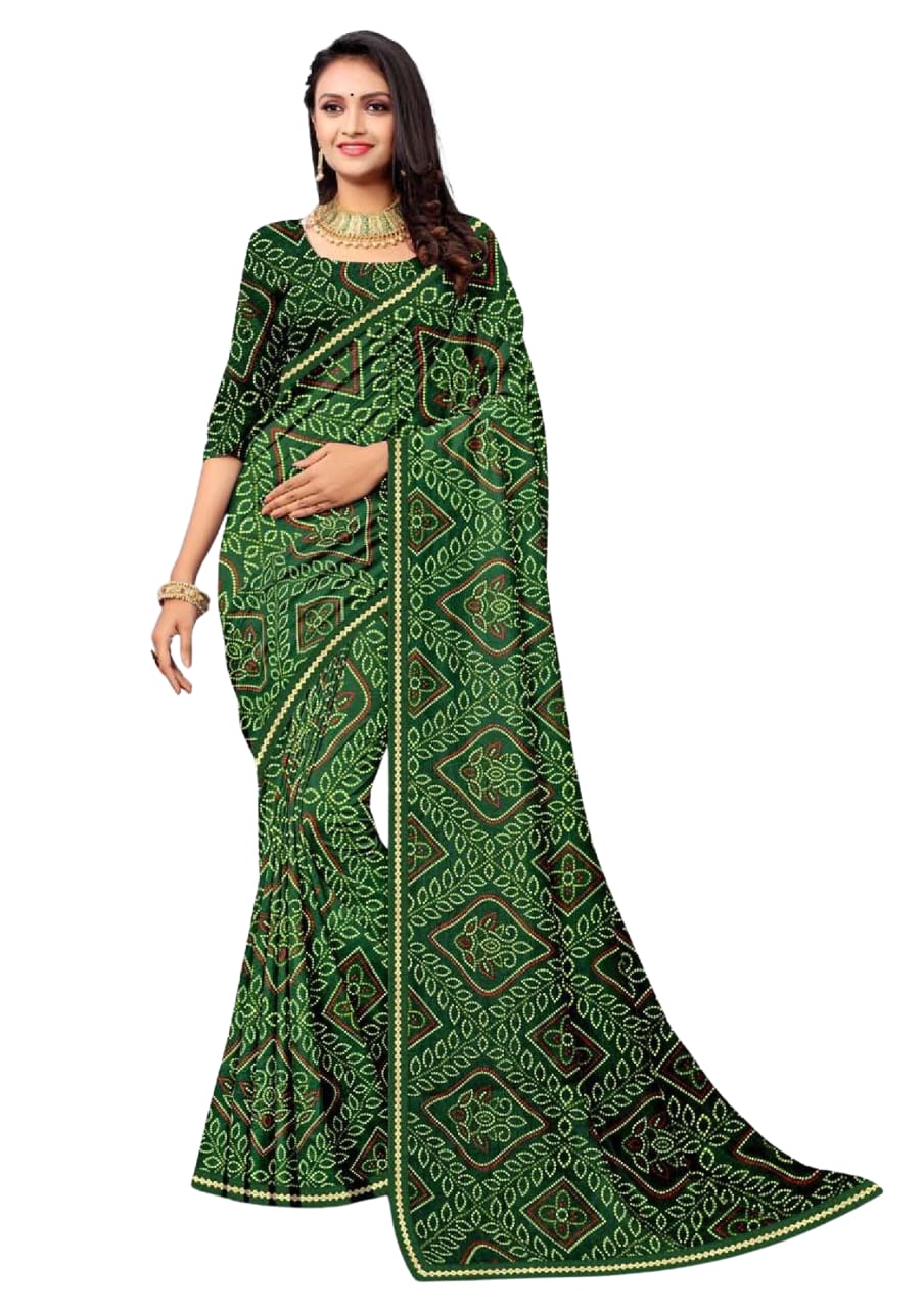 Women Dark Green Soft Printed Bandhani Saree With Blouse Piece