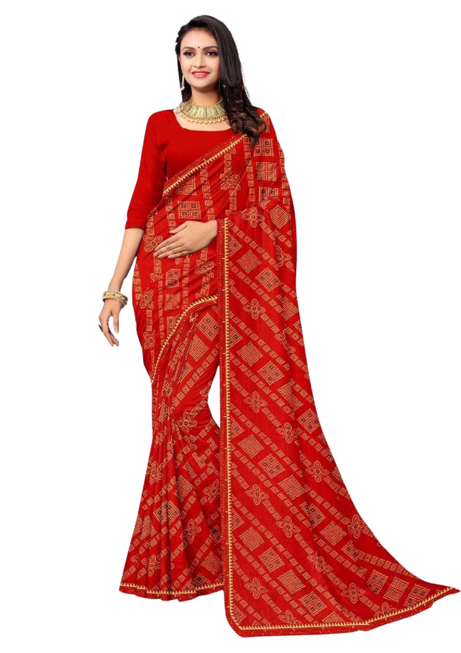 Women Bandhani Red Saree With Lace Border