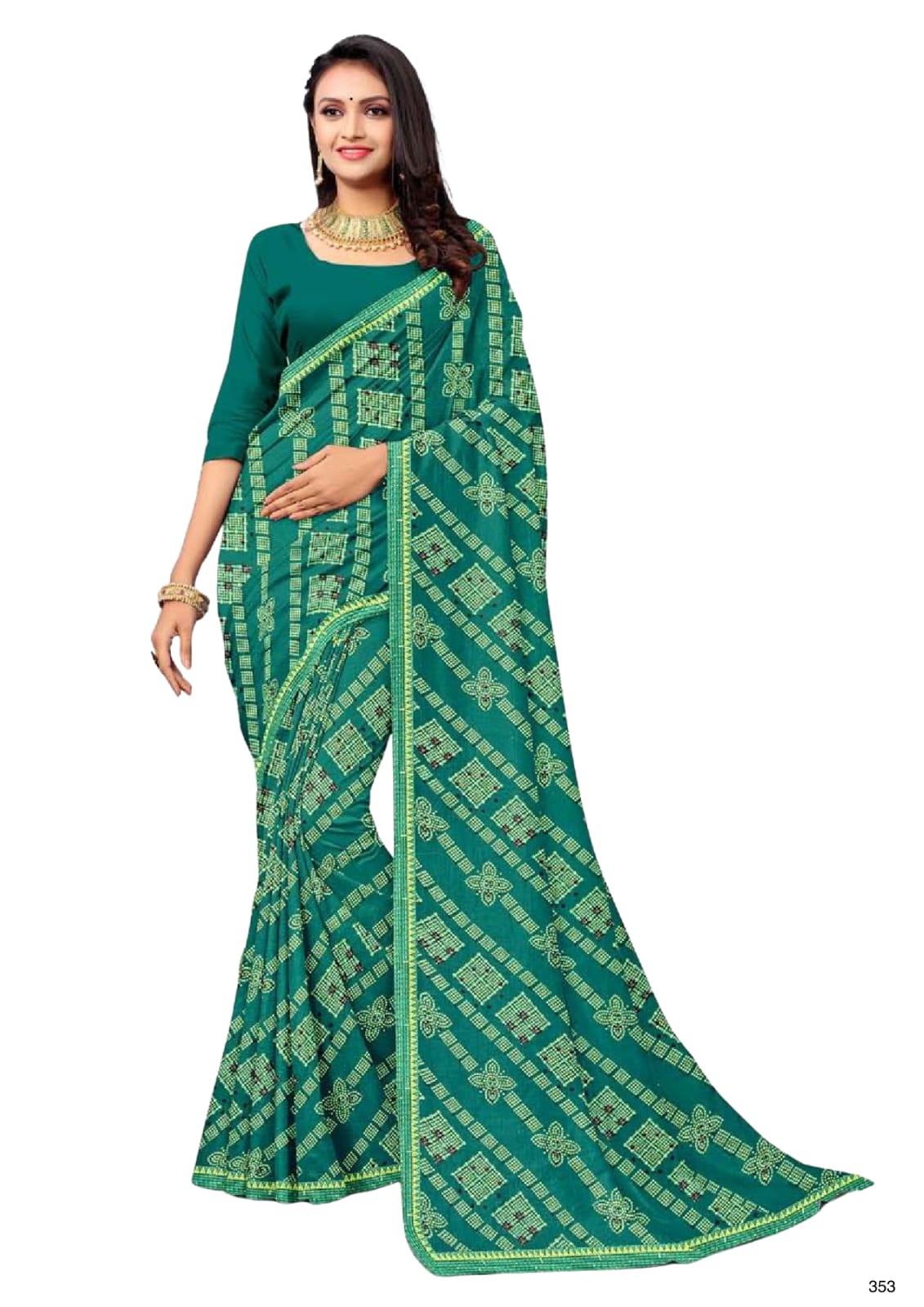 Women Bandhani Blue Saree With Lace Border