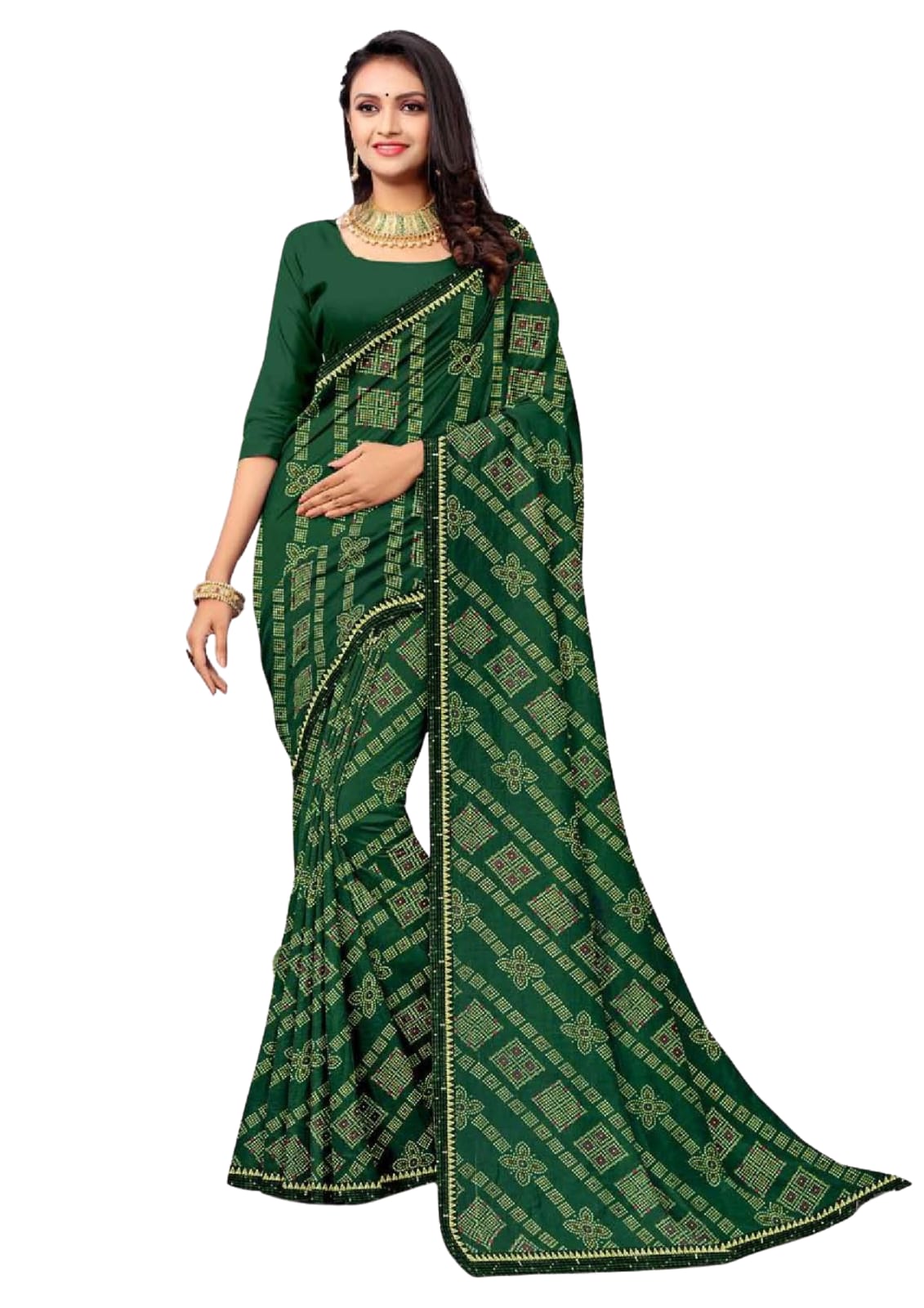 Women Bandhani Dark Green Saree With Lace Border