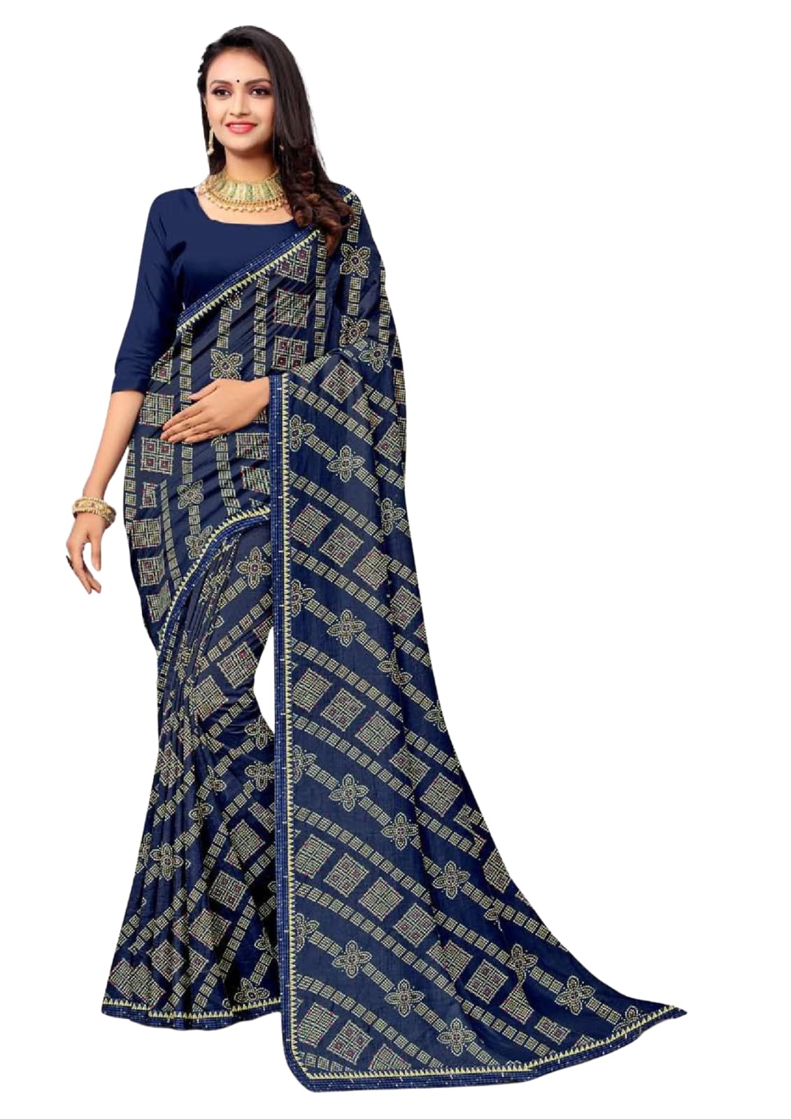 Women Bandhani Dark Blue Saree With Lace Border