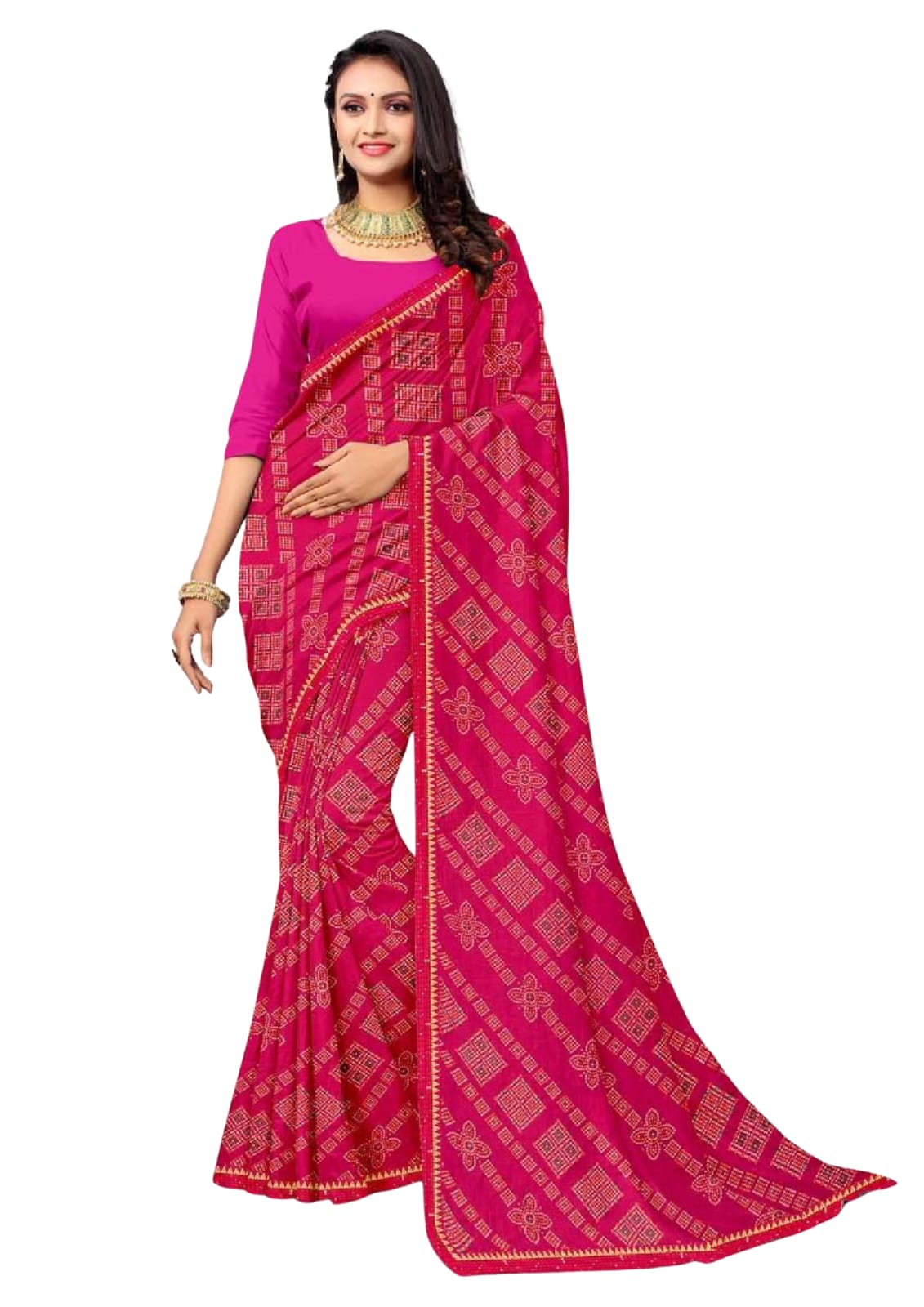 Women Bandhani Pink Saree With Lace Border