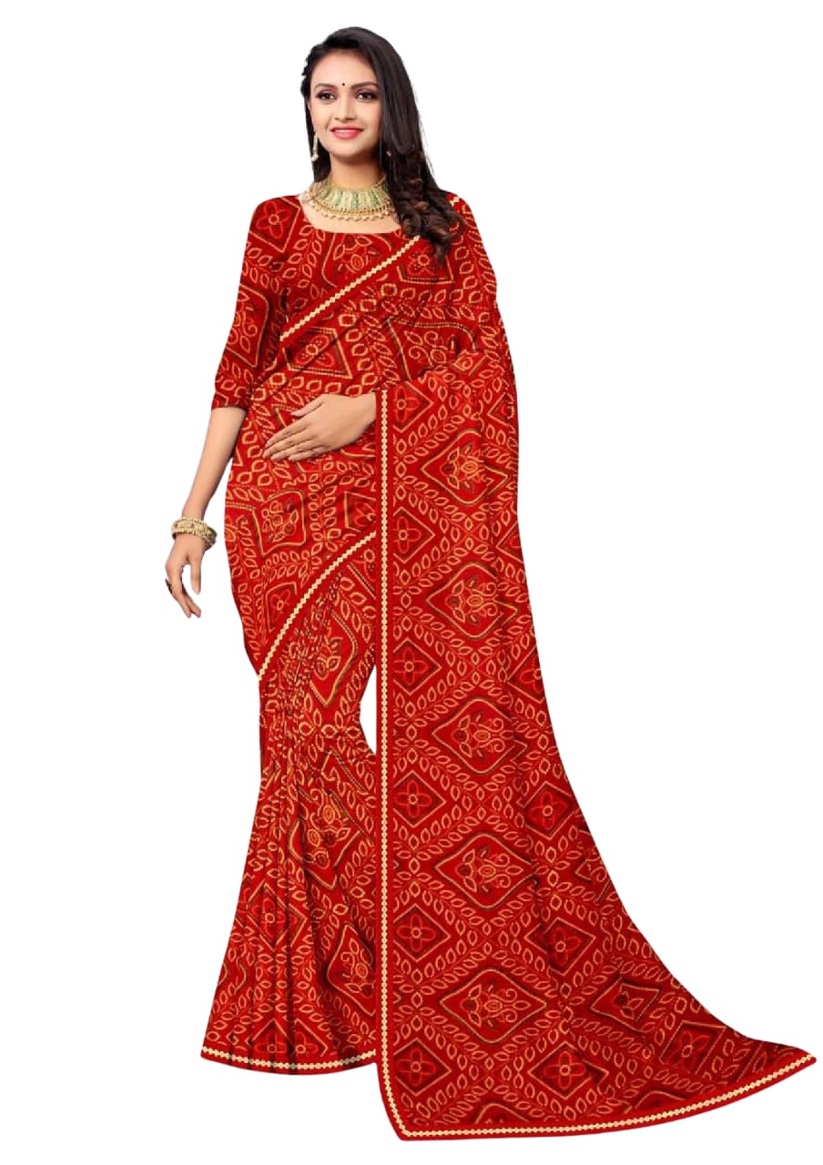 Women Red Soft Printed Bandhani Saree With Blouse Piece