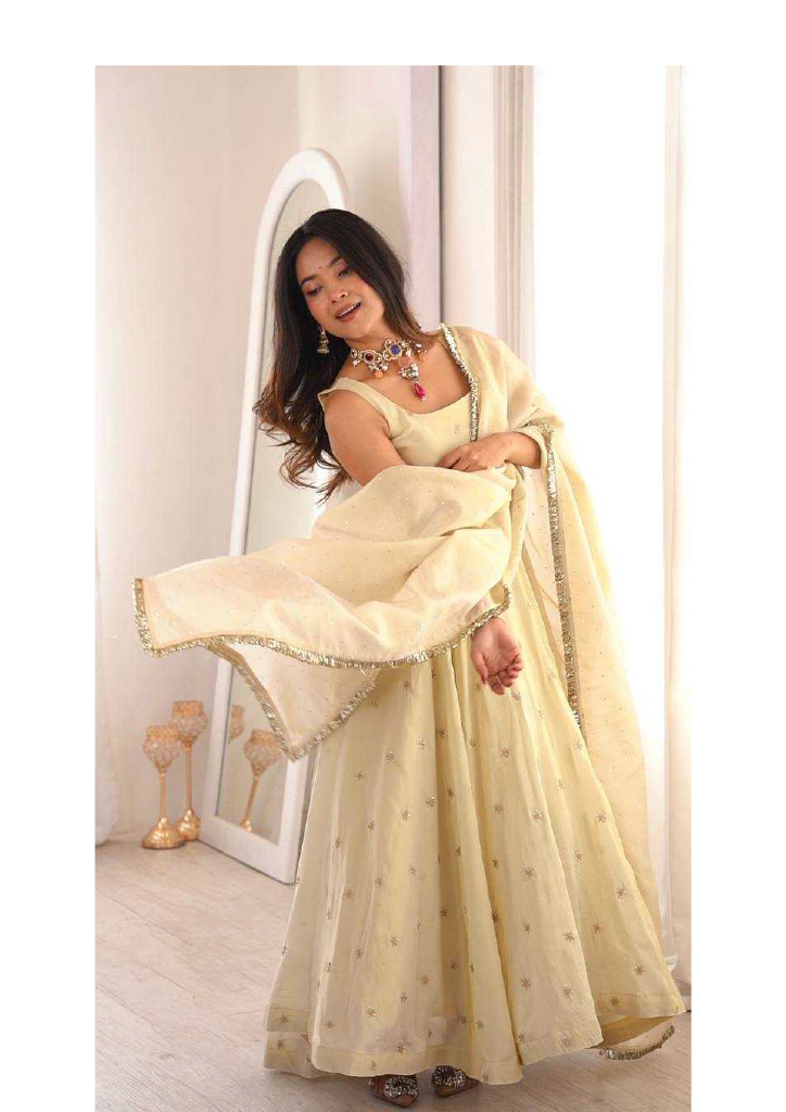 MAAN Gold Embroidered Anarkali Set with Pant & Dupatta Maan Aura