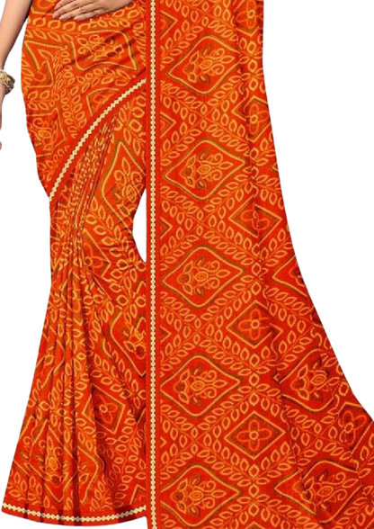 Women Orange Soft Printed Bandhani Saree With Blouse Piece