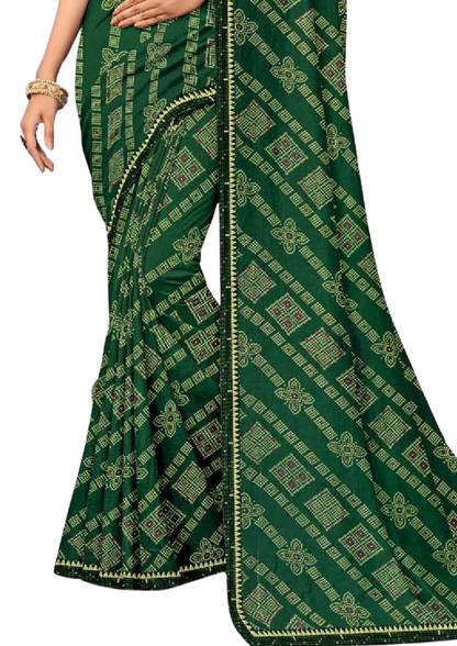 Women Bandhani Dark Green Saree With Lace Border