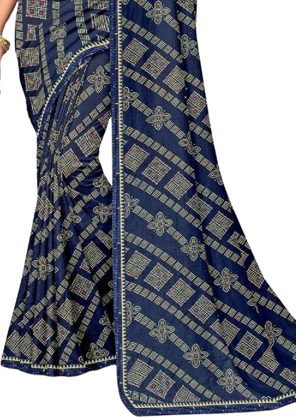 Women Bandhani Dark Blue Saree With Lace Border