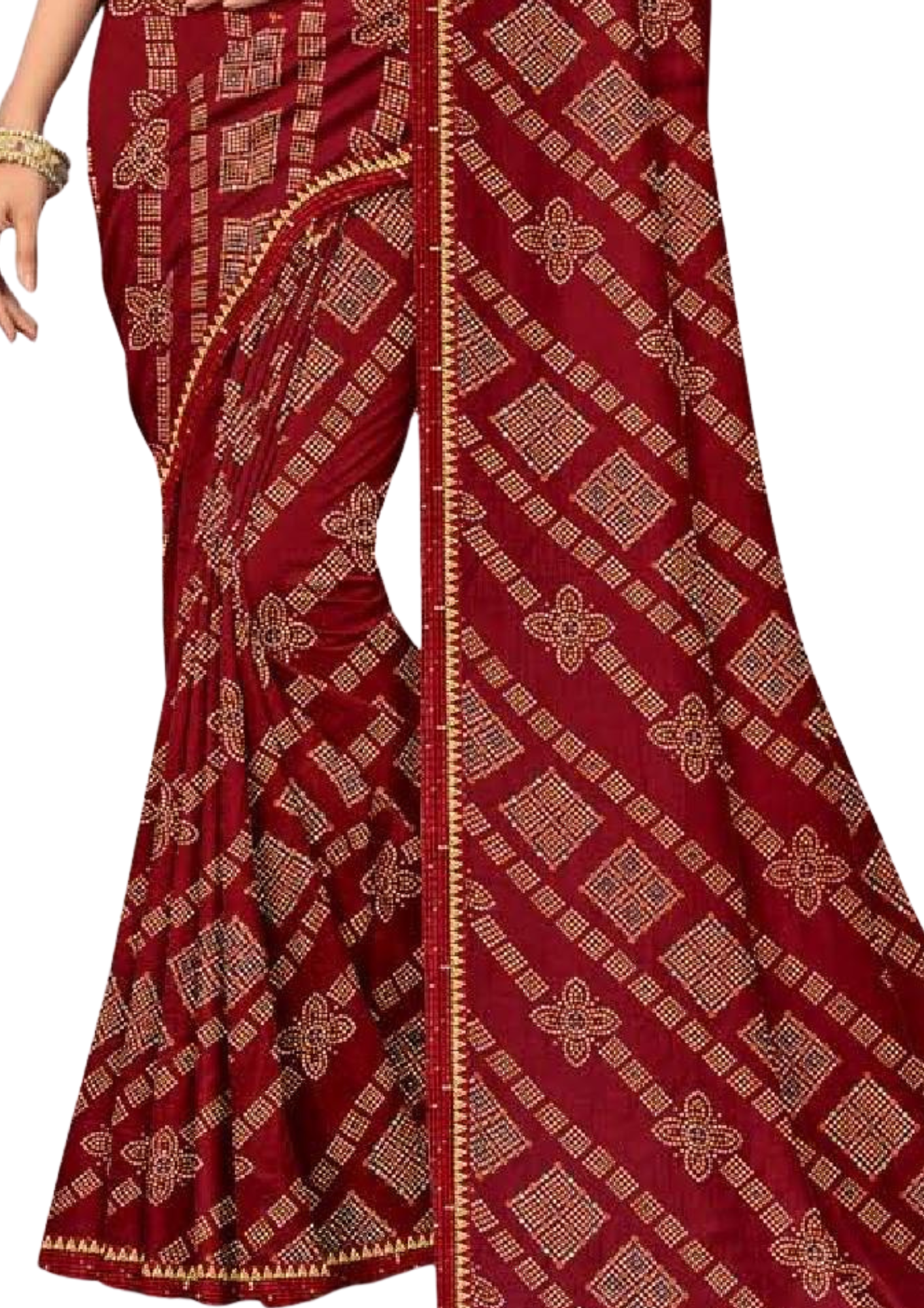 Women Bandhani Maroon Saree With Lace Border