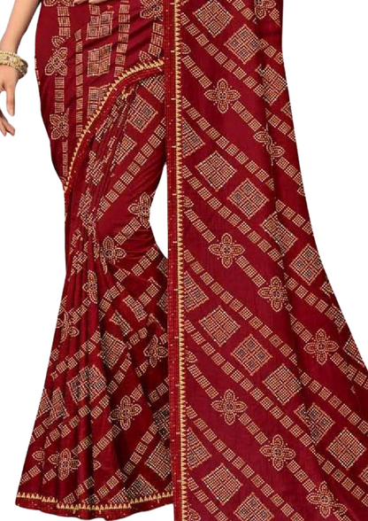 Women Bandhani Maroon Saree With Lace Border