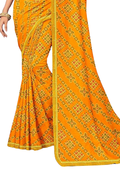 Women Bandhani Yellow Saree With Lace Border