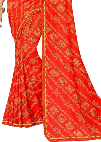 Women Bandhani Orange Saree With Lace Border