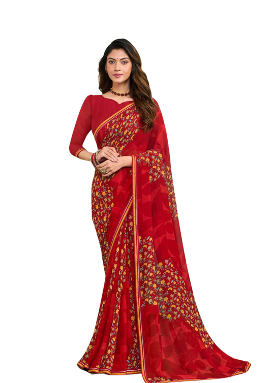 Pure Georgette Red Saree With Blouse Piece