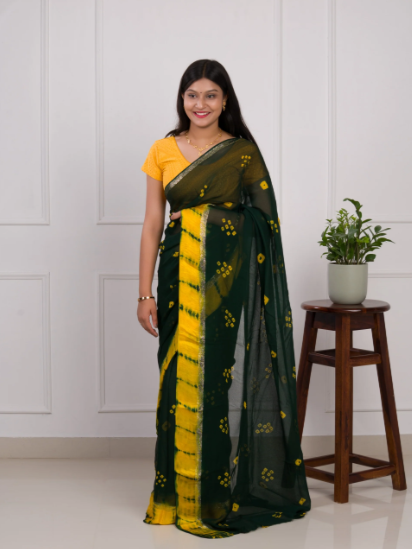 Women Latest New Pure Georgette Gulti Bandhej Satin Patta Border Saree