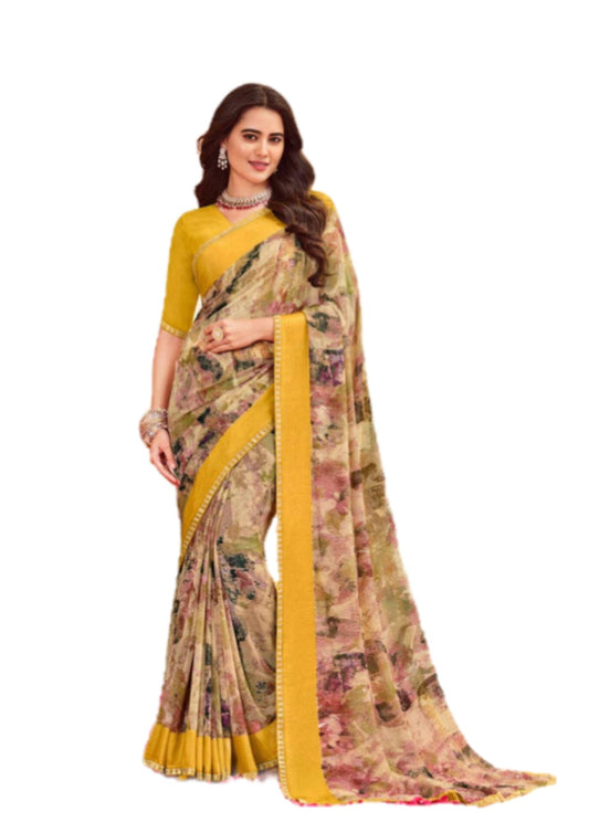 Women Latest Pure Georgette Yellow Saree With Blouse Piece