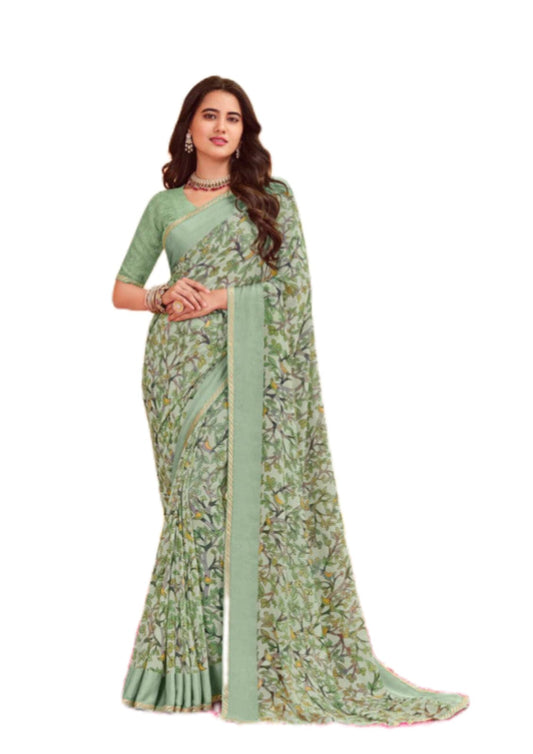 Women Latest Pure Georgette Pista Green Saree With Blouse Piece