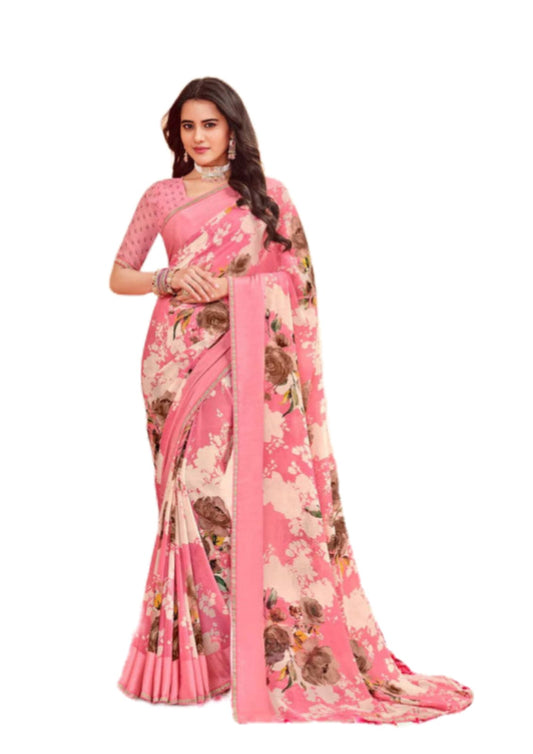 Women Latest Pure Georgette Pink Saree With Blouse Piece