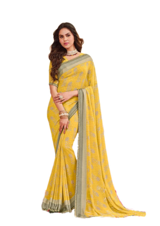 Women Latest Pure Georgette Yellow Saree With Blouse Piece