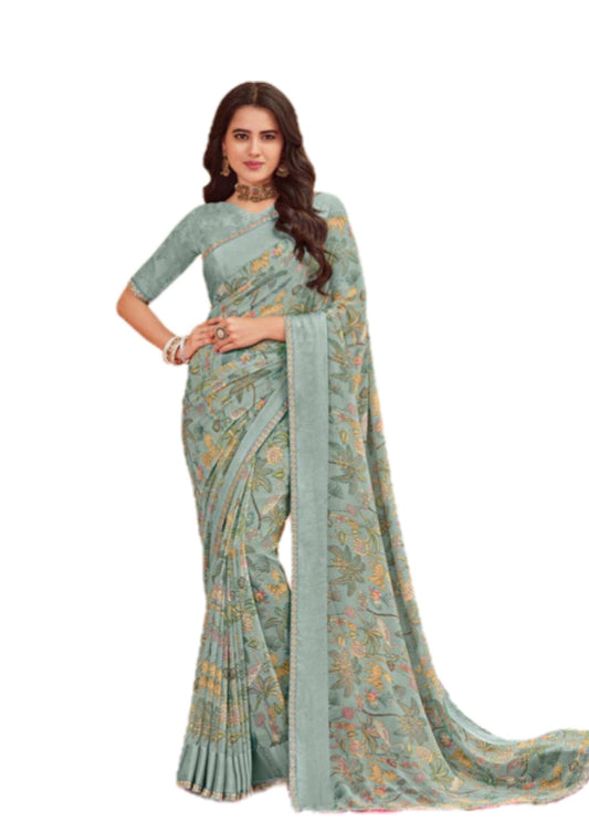 Women Latest Pure Georgette Grey Saree With Blouse Piece