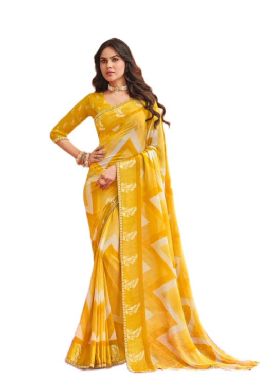 Women Latest Pure Georgette Yellow Saree With Blouse Piece