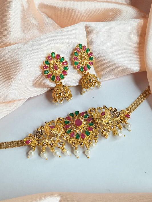Trending golden choker necklace with jhumka Earring set