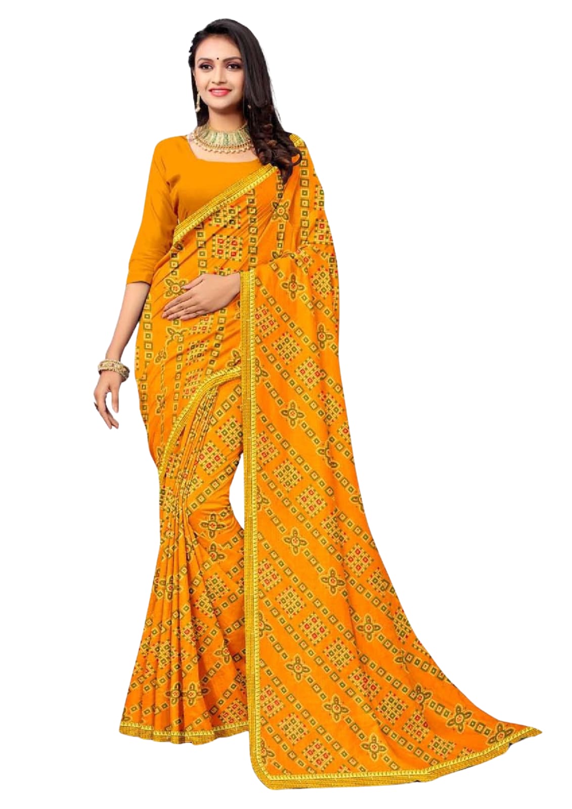 Women Bandhani Yellow Saree With Lace Border