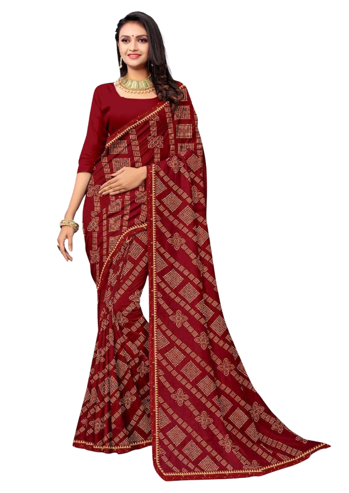Women Bandhani Maroon Saree With Lace Border