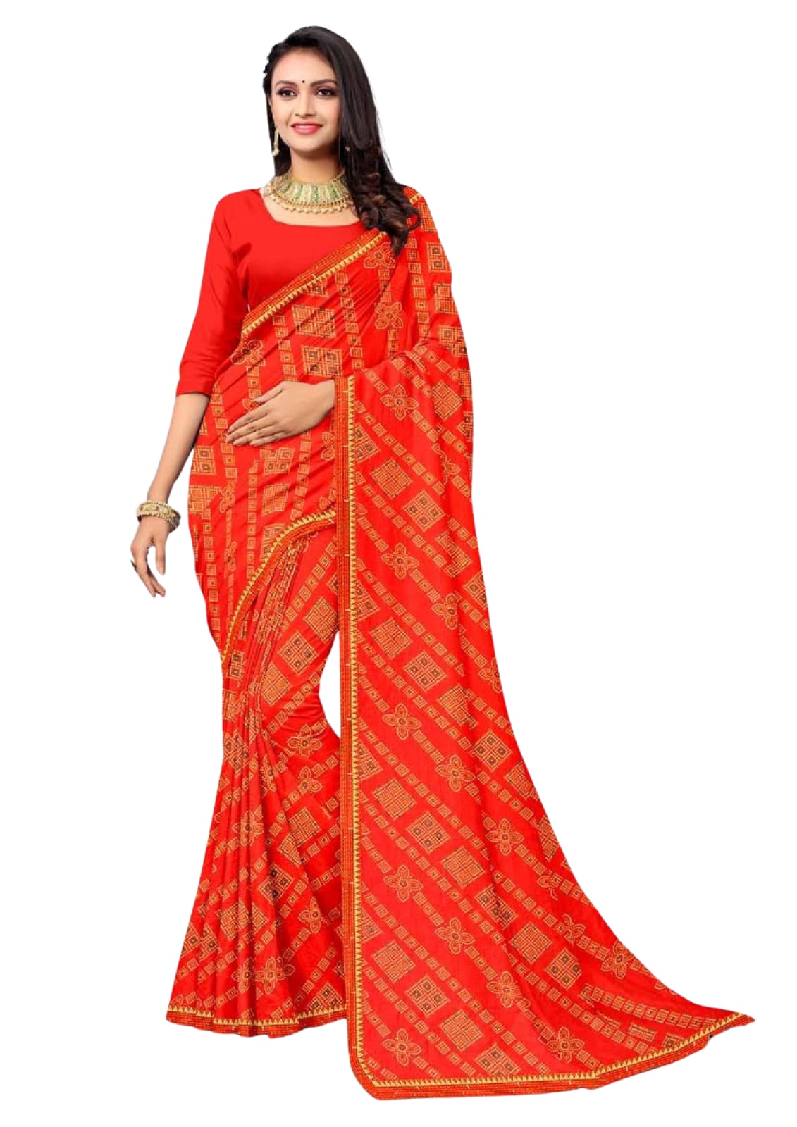 Women Bandhani Orange Saree With Lace Border