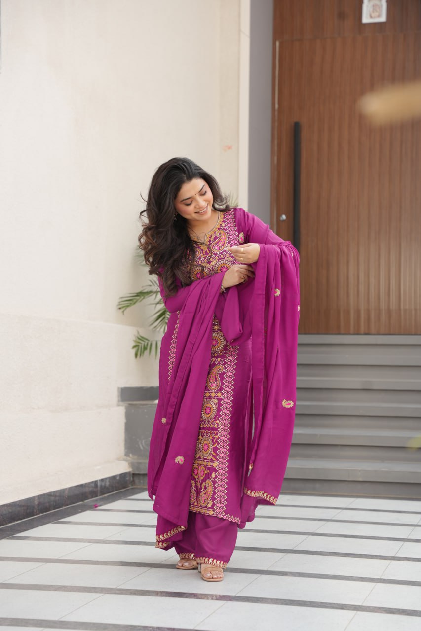 MAAN Chinnon Silk Embroidered Kurta Pant Set with Dupatta – Zari & Thread Work My Store