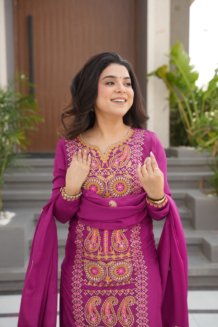 MAAN Chinnon Silk Embroidered Kurta Pant Set with Dupatta – Zari & Thread Work My Store