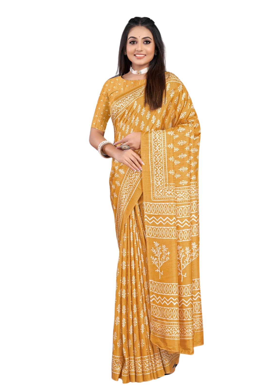 Traditional Block Print Silk Saree With Blouse Piece