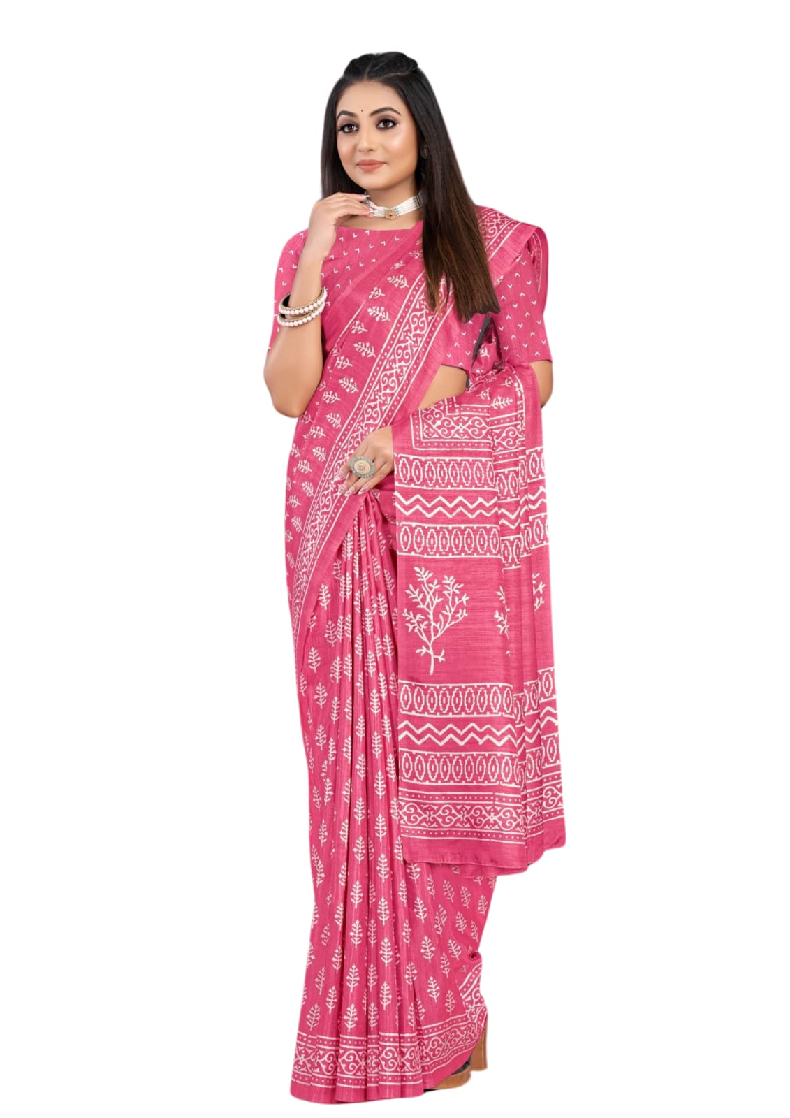 Traditional Block Print Silk Saree With Blouse Piece