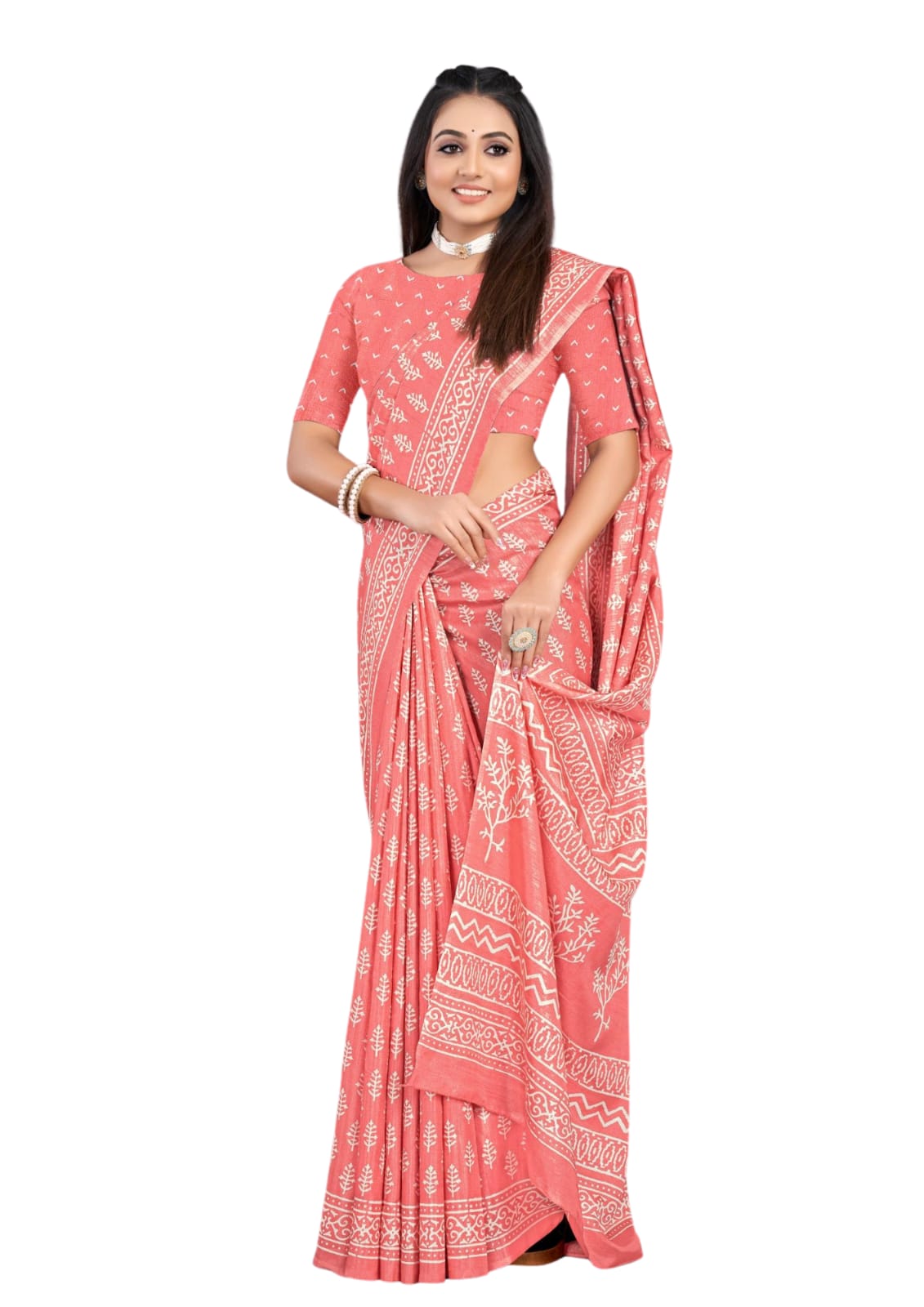 Traditional Block Print Silk Saree With Blouse Piece