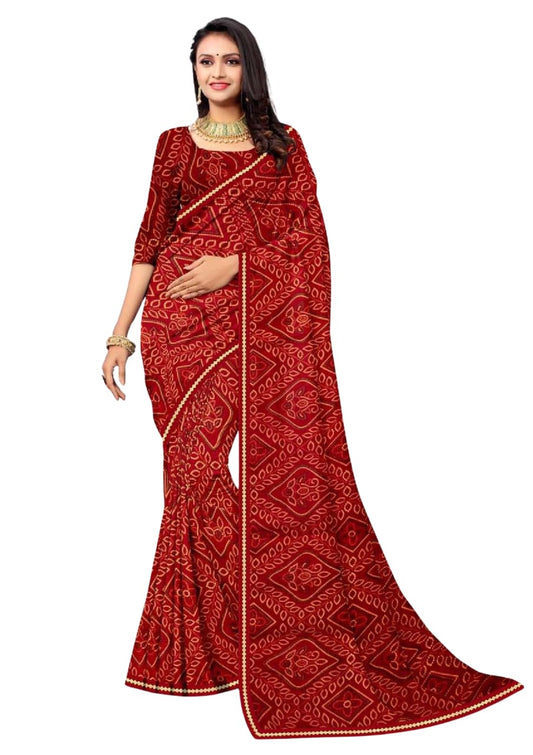 Women Maroon Soft Printed Bandhani Saree With Blouse Piece